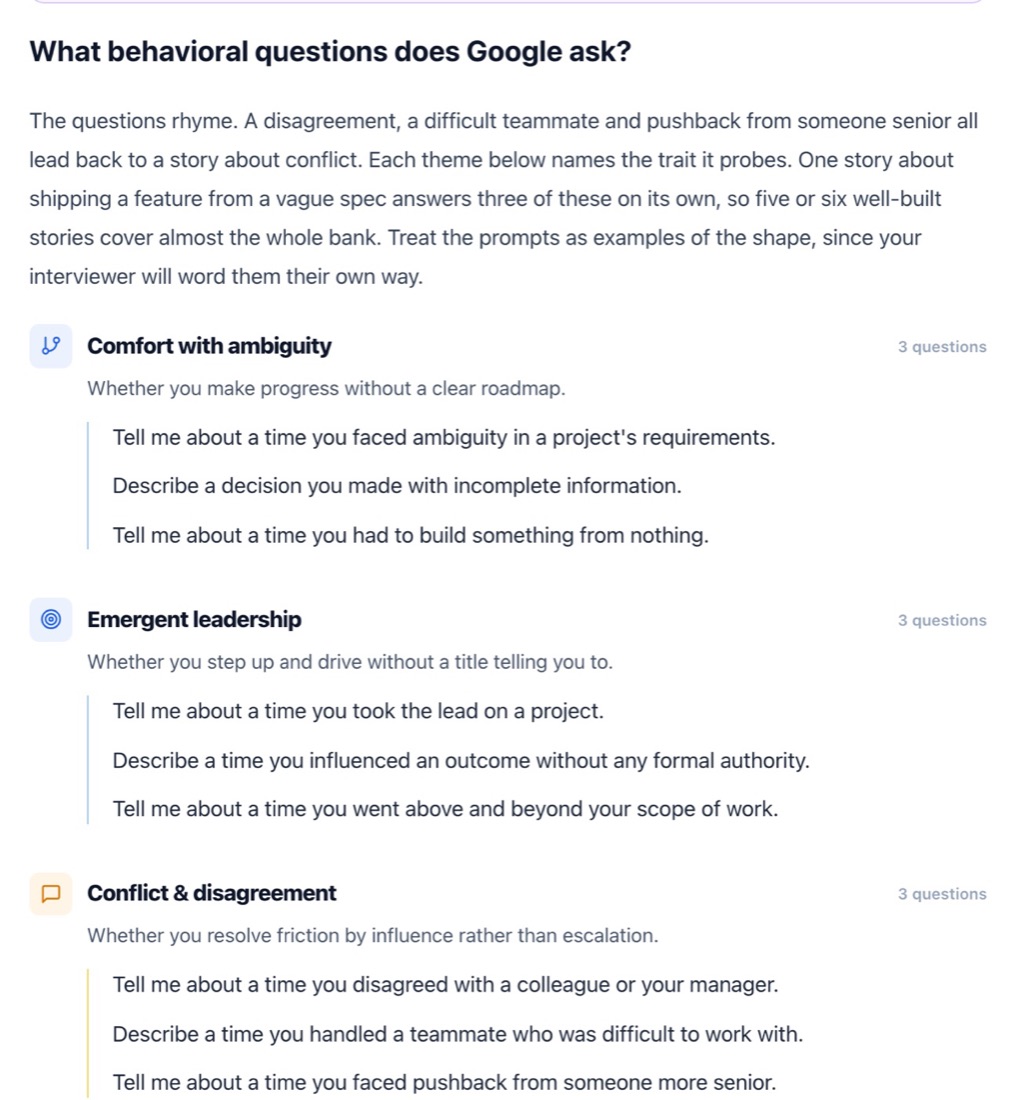 Google's behavioral questions grouped by the trait each one tests