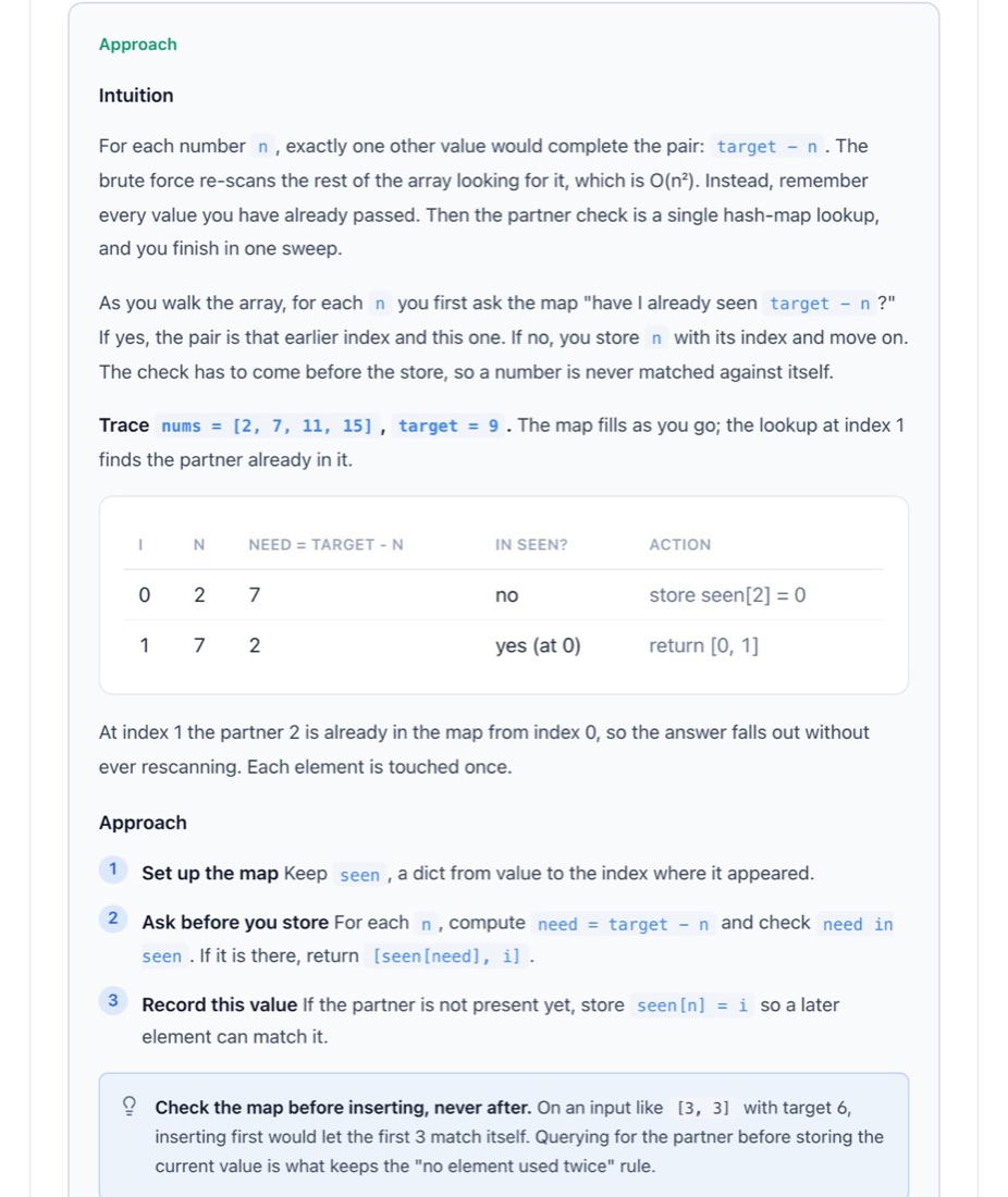 The Two Sum solution in the Google guide: the intuition, a traced example and the approach